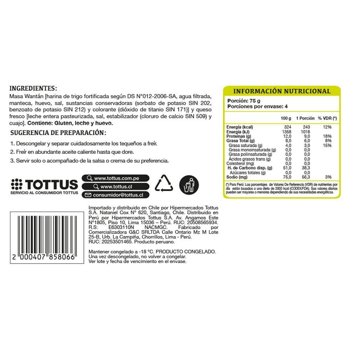 TOTTUS - Tequeños Congelados con Queso Fresco Tottus Caja 12 Und