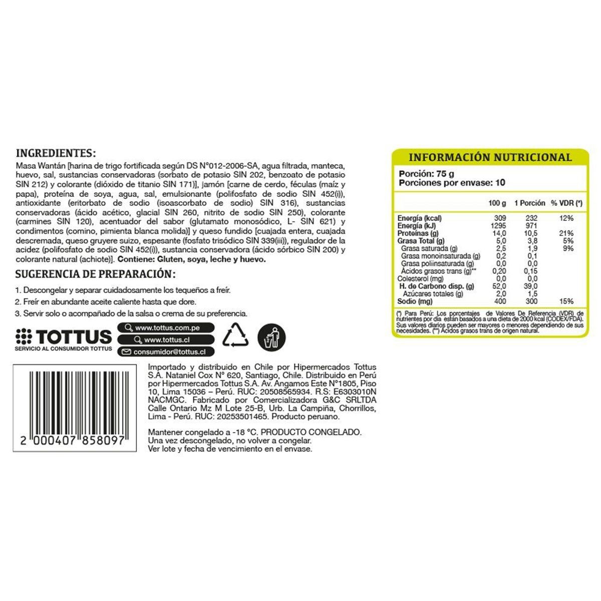 TOTTUS - Tequeños Congelados con Jamón y Queso Caja 50 Und