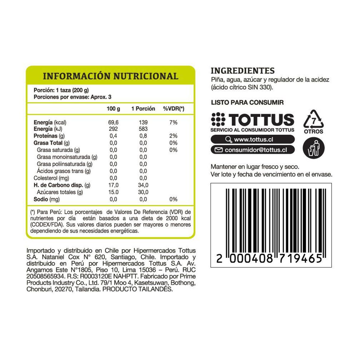 TOTTUS - Piña en Trozos Tottus 565 g