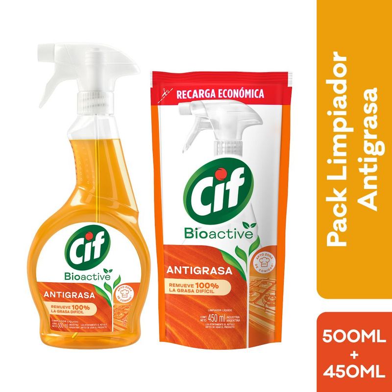 CIF - Pack Cif Bioactive Limpiador Antigrasa Envase 500 mL + Doypack 450 mL