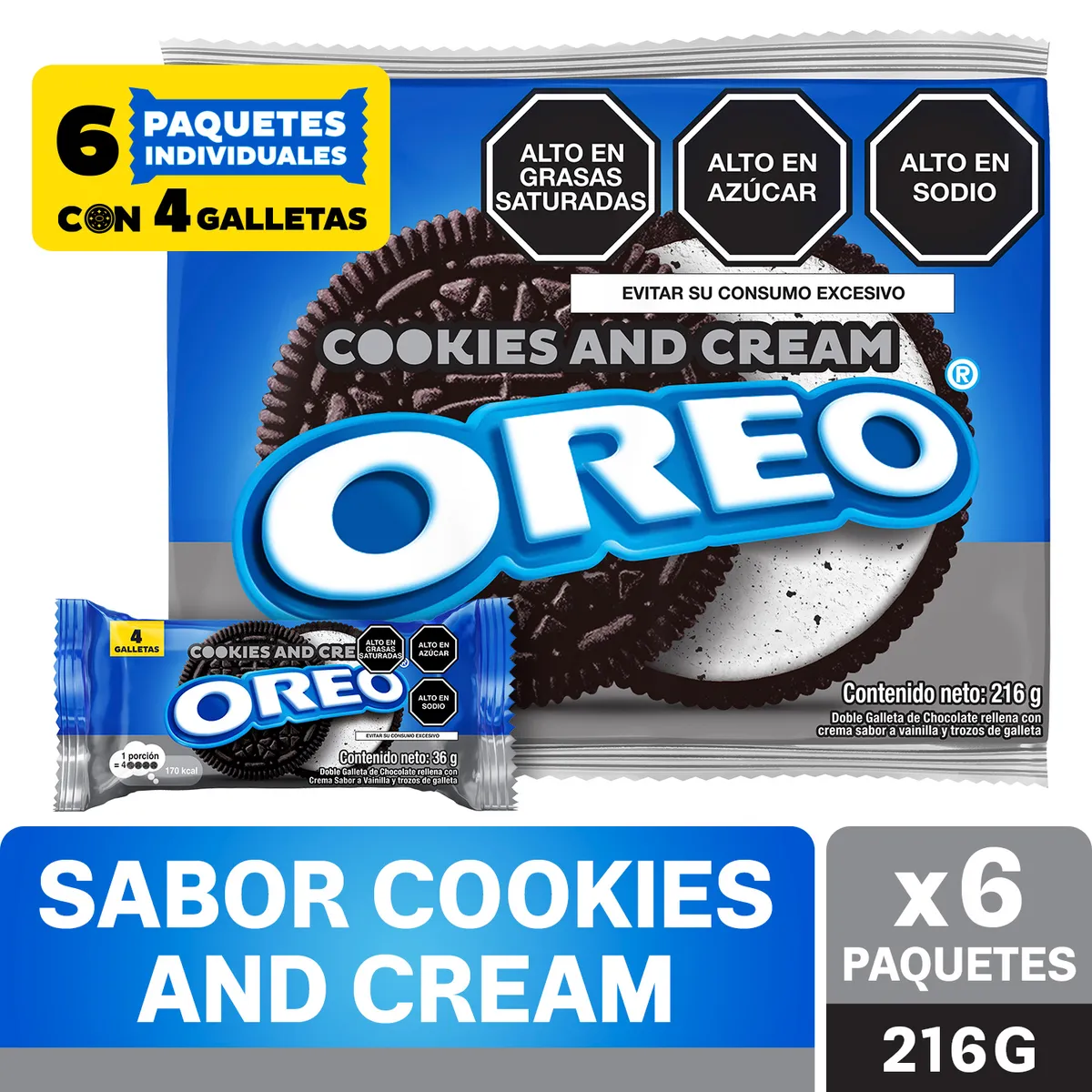 OREO - Galleta Oreo Cookies & Cream Sixpack 216 g