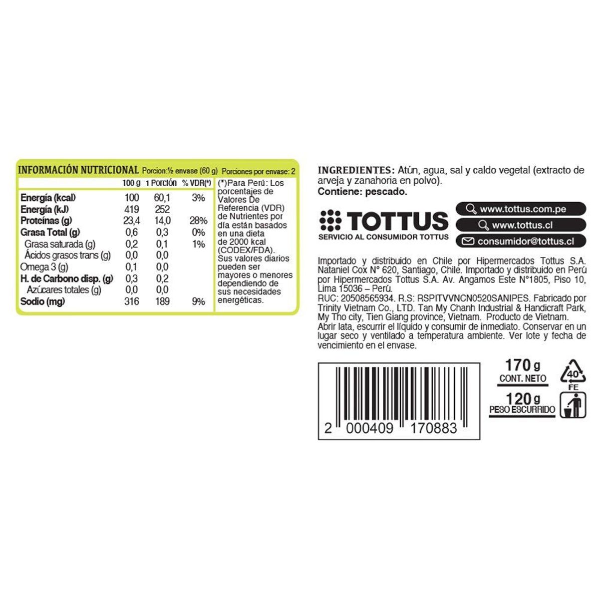 TOTTUS - Filete de Atún en Agua Tottus 170 g