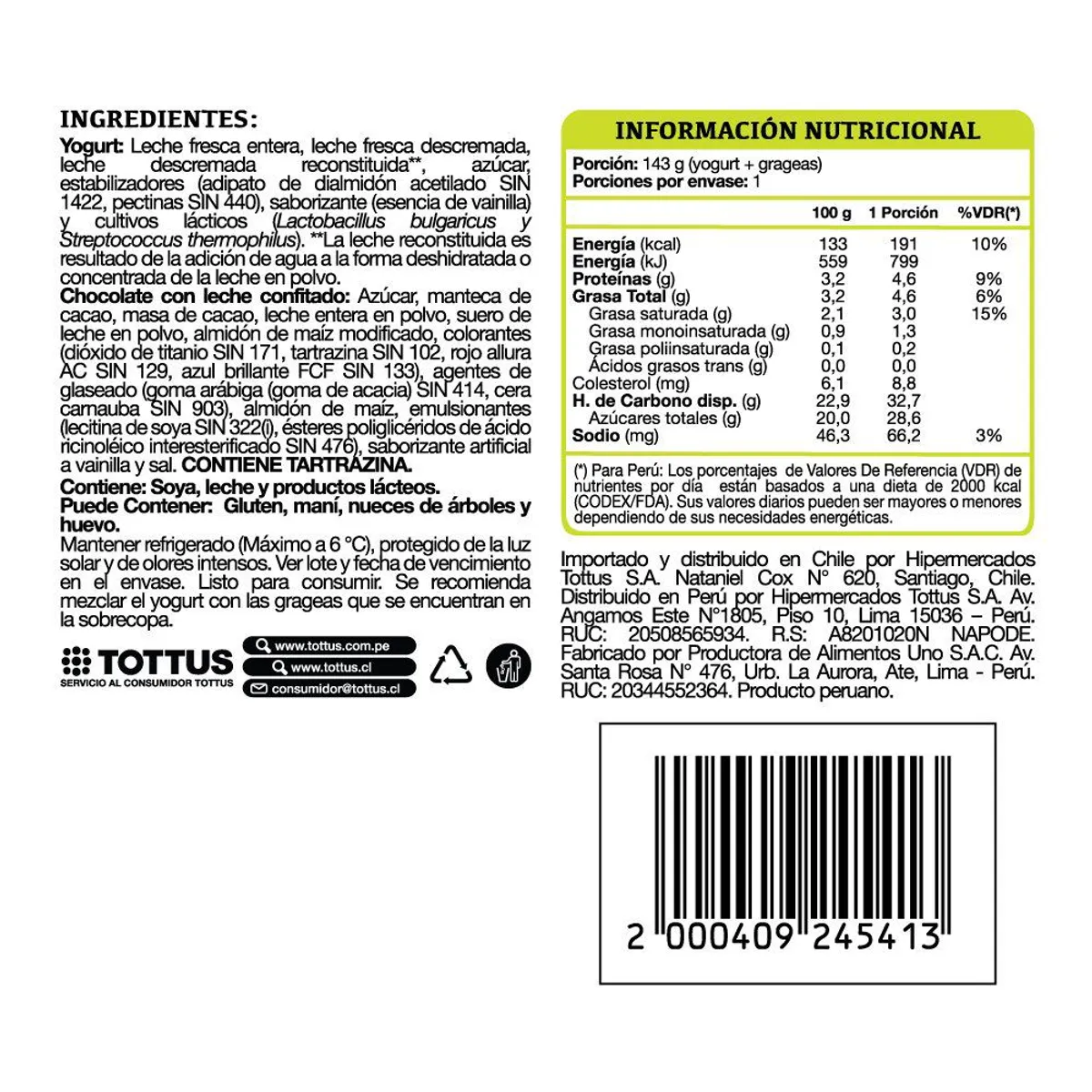 TOTTUS - Yogurt Mix Vainilla Grageas Chocolate Tottus Envase 125 g