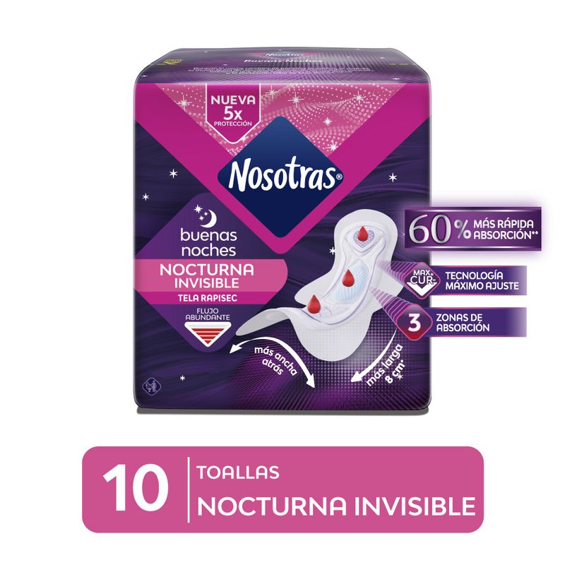 NOSOTRAS - Toallas Higiénicas Nosotras Nocturna Invisible Rapigel Empaque 10 Und