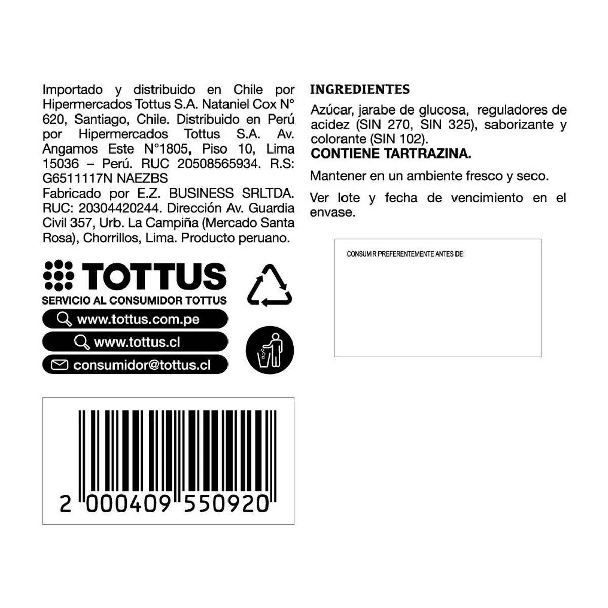 TOTTUS - Caramelos Sabor Limón Tottus 250 g