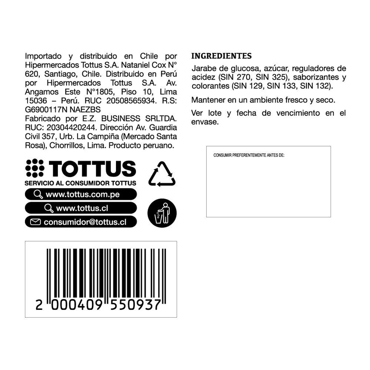 TOTTUS - Caramelos Tottus Sabor Chicha Morada Bolsa 250 g