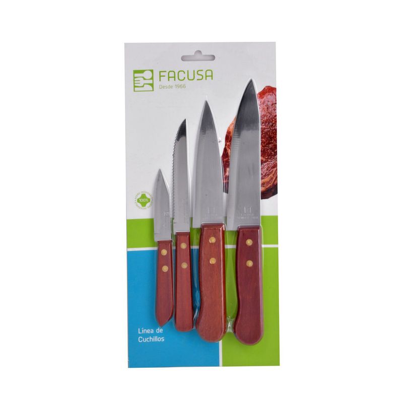 FACUSA - Cuchillos Acero Inoxidable Con Mango De Madera 4 Pzas