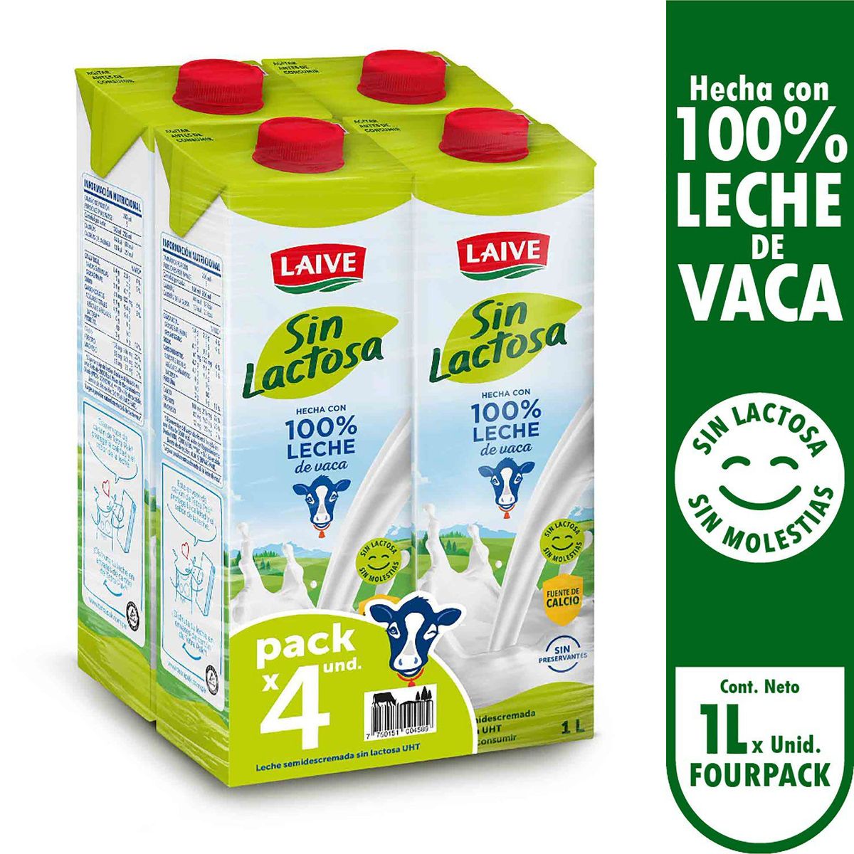 LAIVE - Leche Laive Sin Lactosa Semidescremada Pack 4 Unidades 1 L