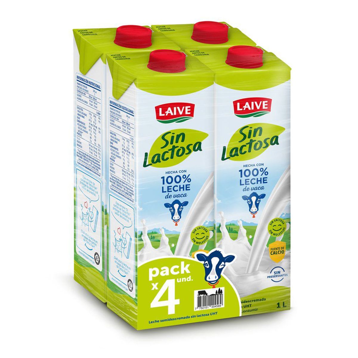 LAIVE - Leche Laive Sin Lactosa Semidescremada Pack 4 Unidades 1 L