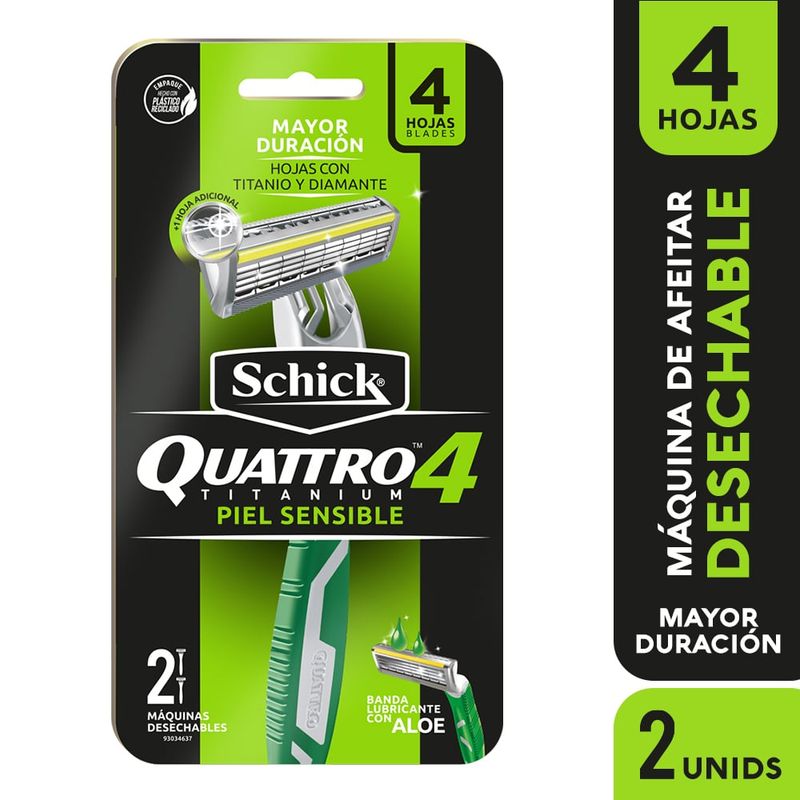 SCHICK - Máquina De Afeitar Schick Hombre Quattro Titanium Piel Sensible Pack 2 Und