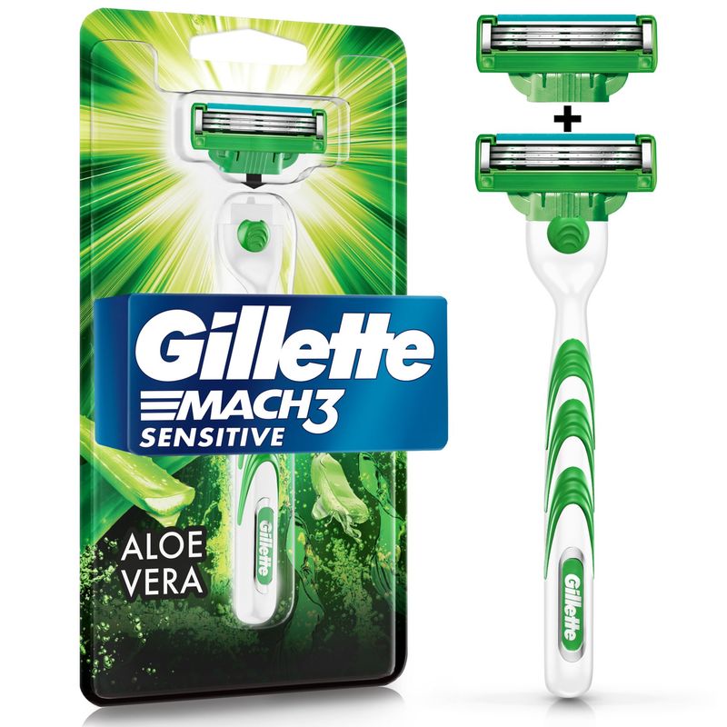GILLETTE - Máquina de Afeitar Gillette Mach3 Sensitive + 2 Repuestos con Aloe y 3 Hojas