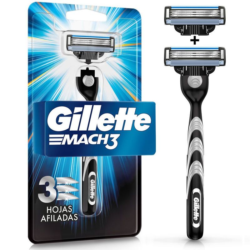 GILLETTE - Máquina de Afeitar Gillette Mach3 + 2 Repuestos con 3 Hojas para Afeitar