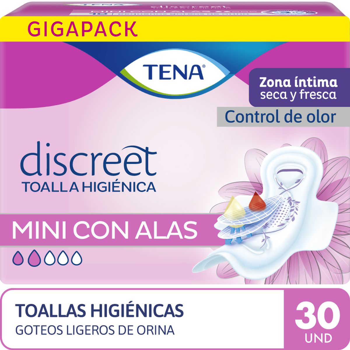 TENA - Toalla Higiénica Tena Discreet Mini con Alas Empaque 30 Und