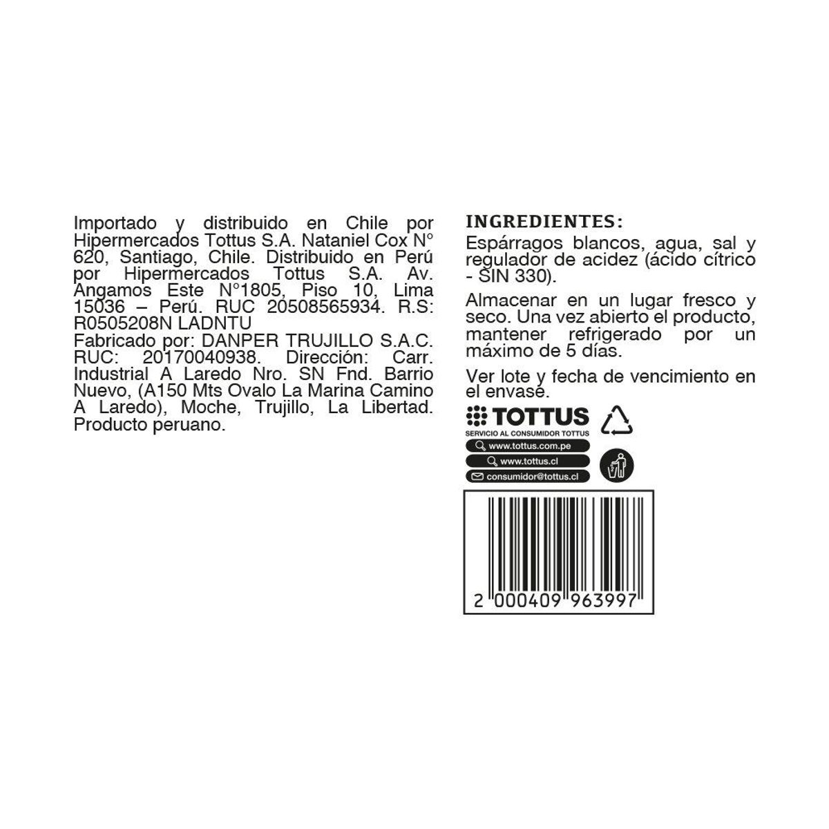 TOTTUS - Espárragos Blanco en Salmuera Tottus 200 g