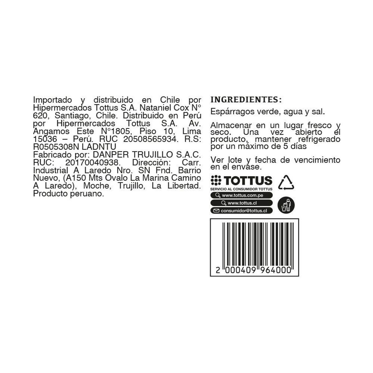 TOTTUS - Espárragos Verdes en Salmuera Tottus 190 g