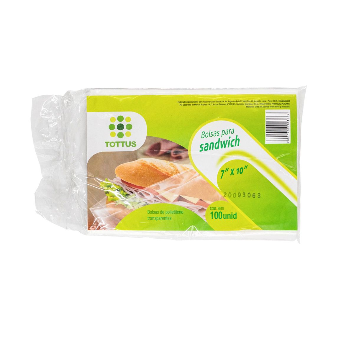 TOTTUS - Bolsa para Sandwich Tottus 7x10pulgadas Empaque 100 Und