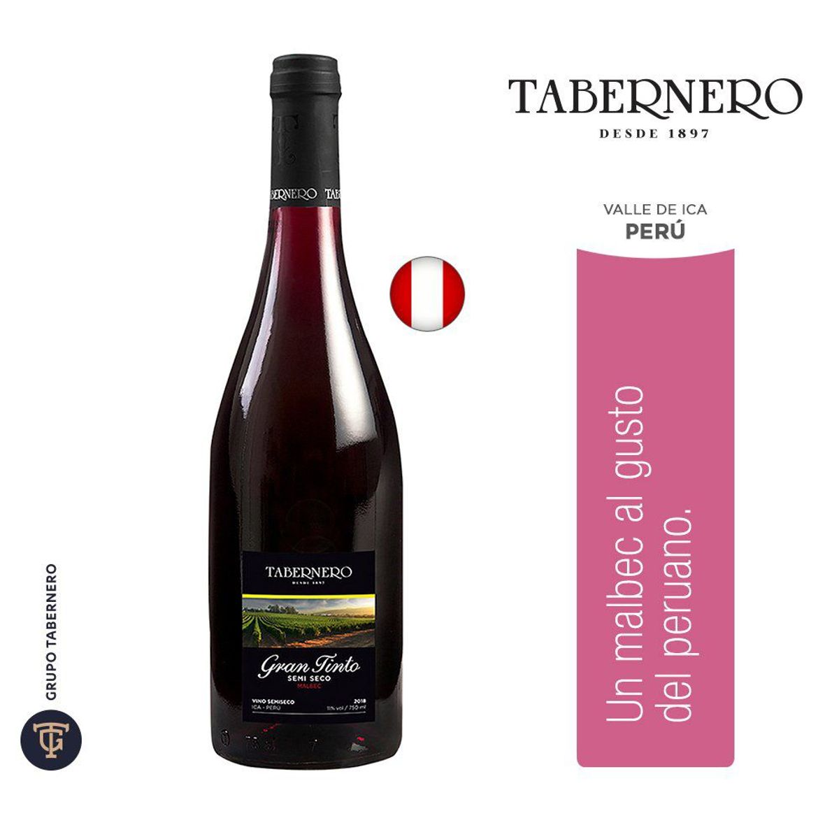TABERNERO - Vino Tabernero Gran Tinto Semi Seco Botella 750 mL