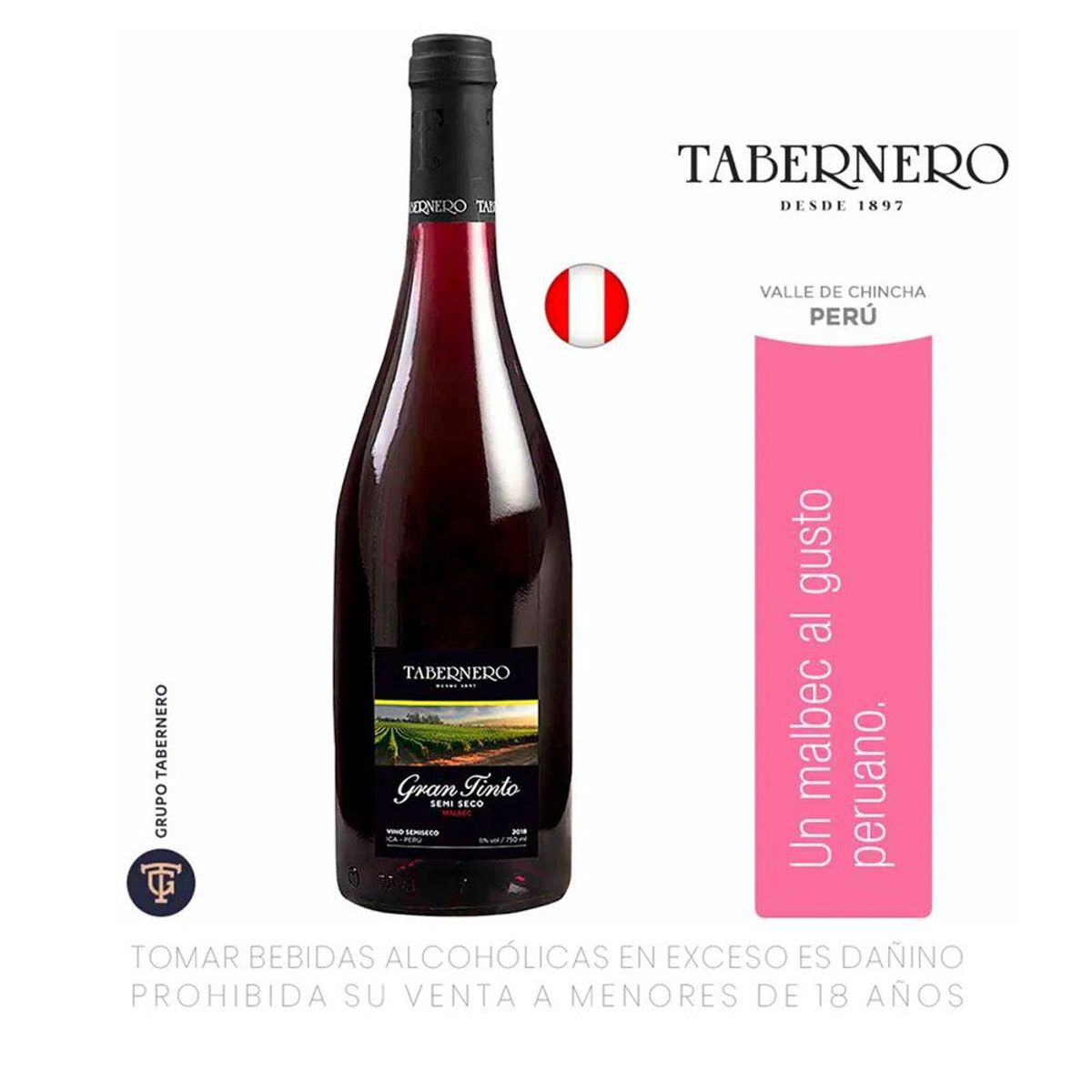 TABERNERO - Vino Tabernero Gran Tinto Semi Seco Botella 750 mL