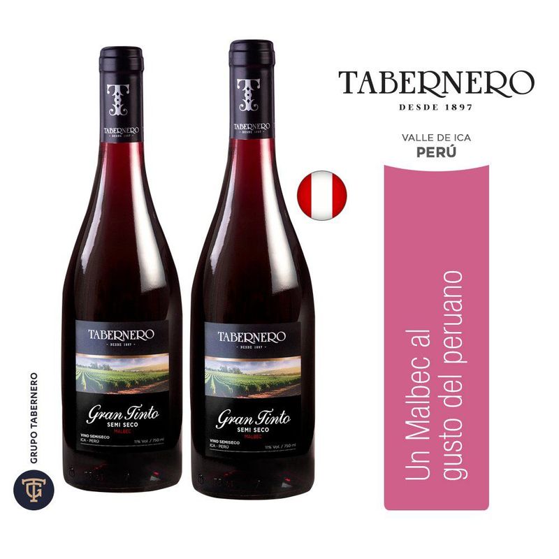 TABERNERO - Vino Gran Tinto Tabernero Semiseco Pack 2 Botellas 750 mL