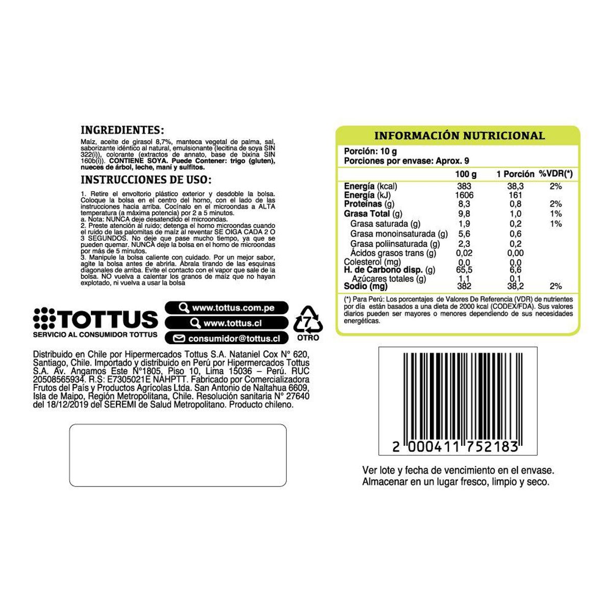 TOTTUS - Pop Corn para Microondas Mantequilla Tottus
