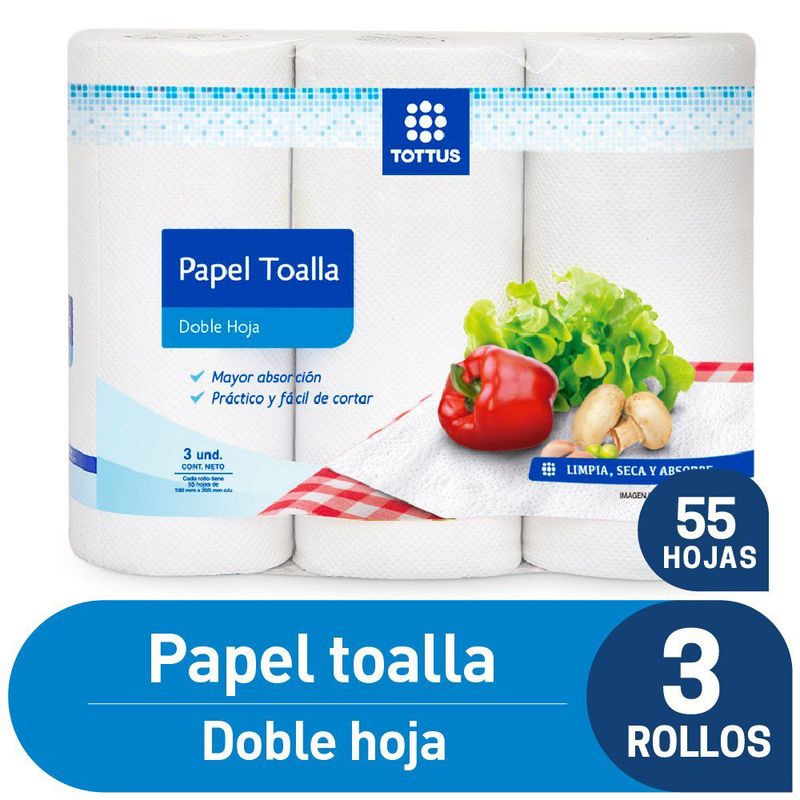 TOTTUS - Papel Toalla Tottus Doble Hoja Pack 3 Rollos 55 Hojas