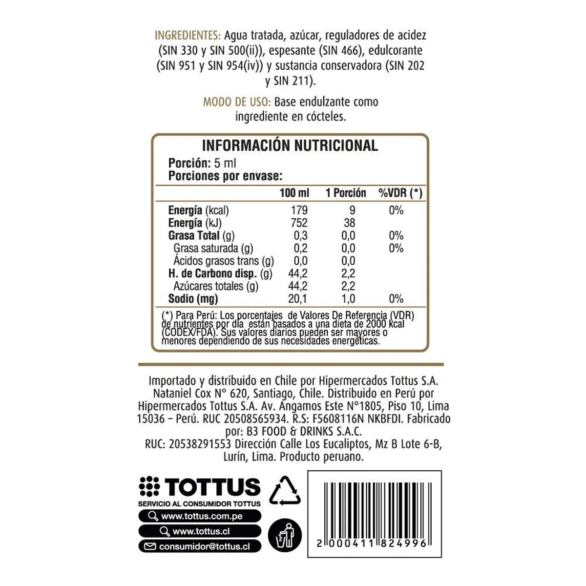 TOTTUS - Jarabe de Goma Tottus Botella 750 mL