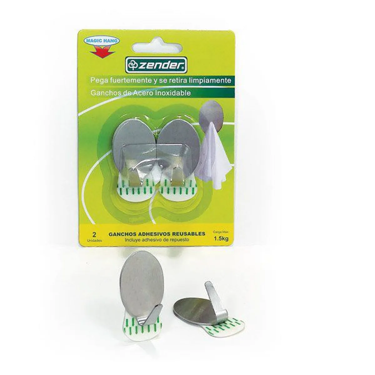 ZENDER - Gancho Adhesivo Reusable Acero Inox X2Un