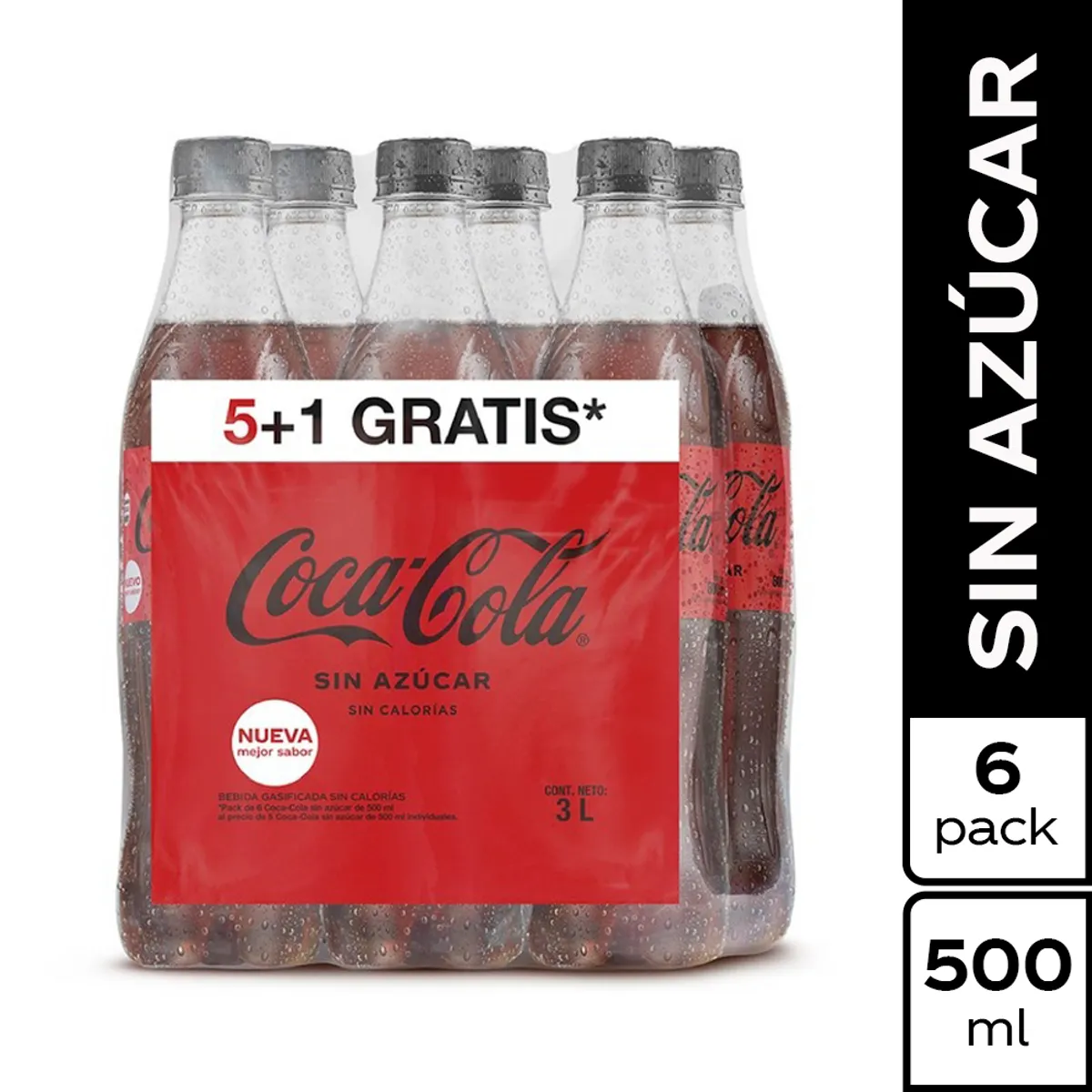 COCA COLA - Gaseosa Coca Cola Sin Azúcar Sixpack Botella 500 mL