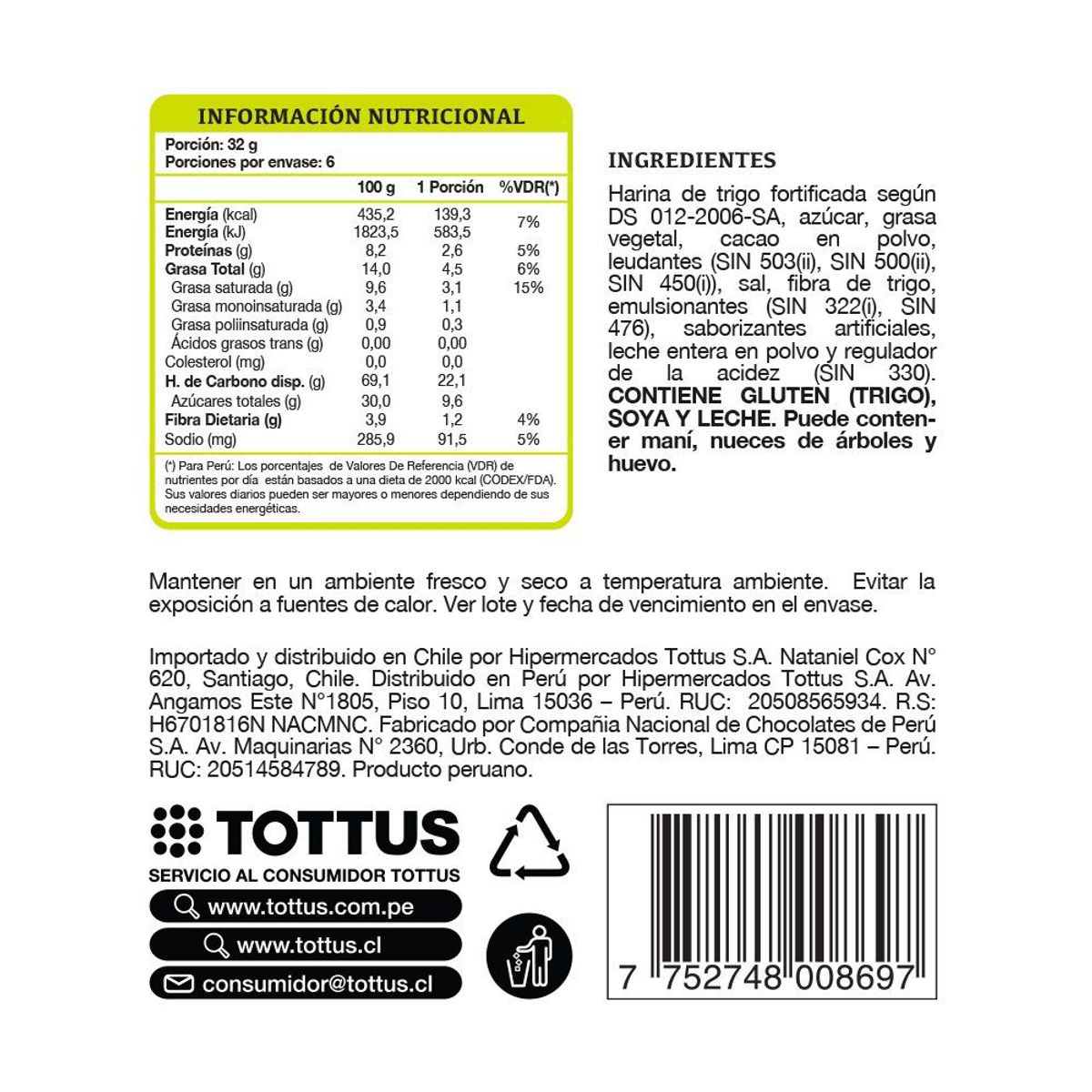 TOTTUS - Galletas Bañadas Tottus en Chocolate Sixpack 192 g