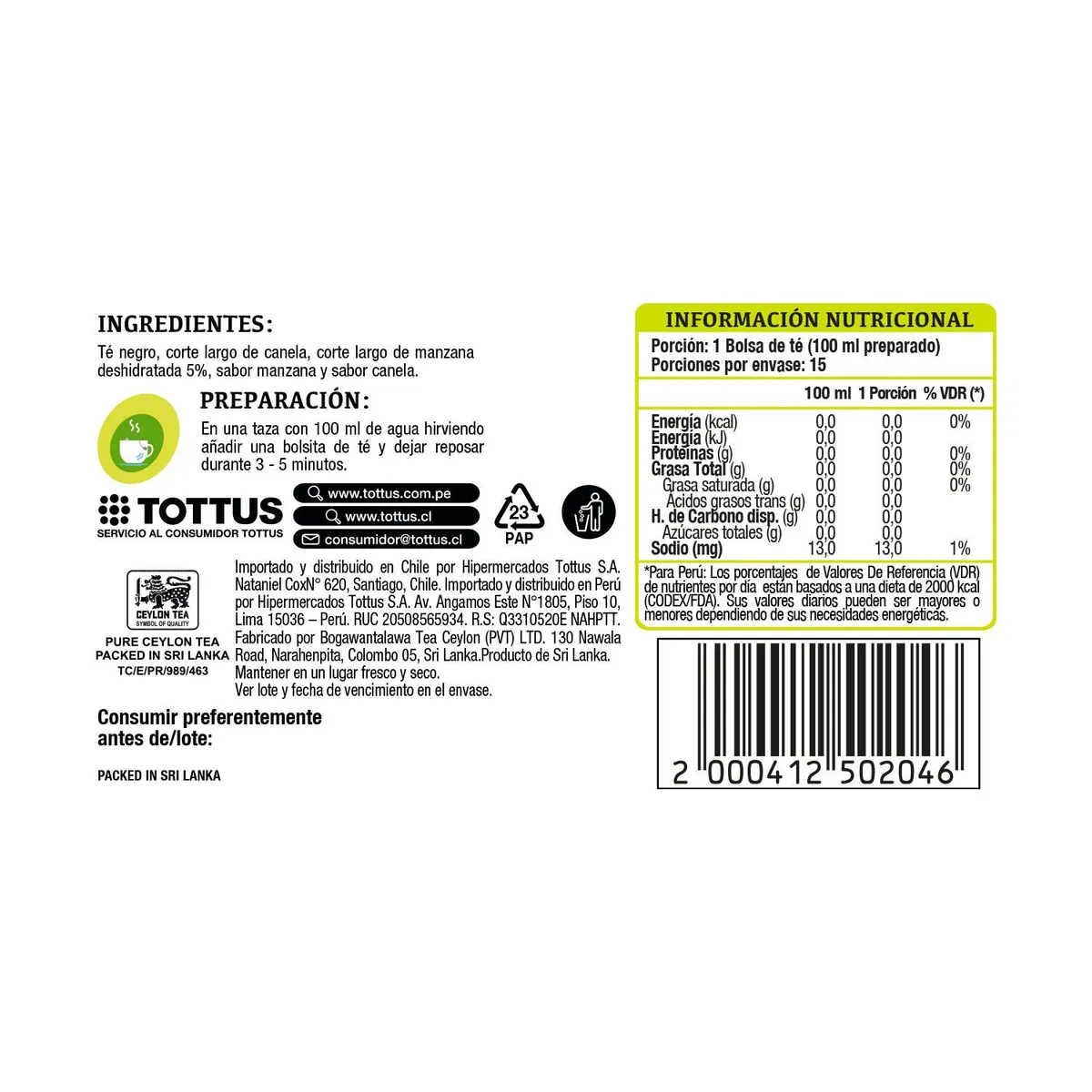 TOTTUS PREMIUM - Té con Manzana y Canela Tottus 30 g