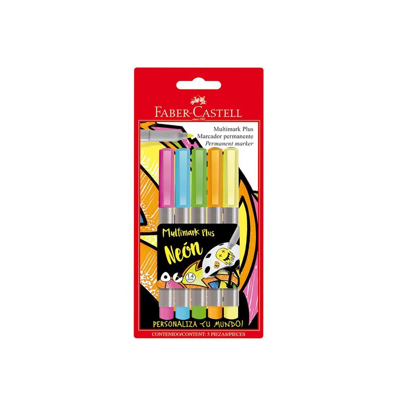 FABER CASTELL - Plumones Permanentes Faber Castell Multimark Plus Neón Blíster 5 Und