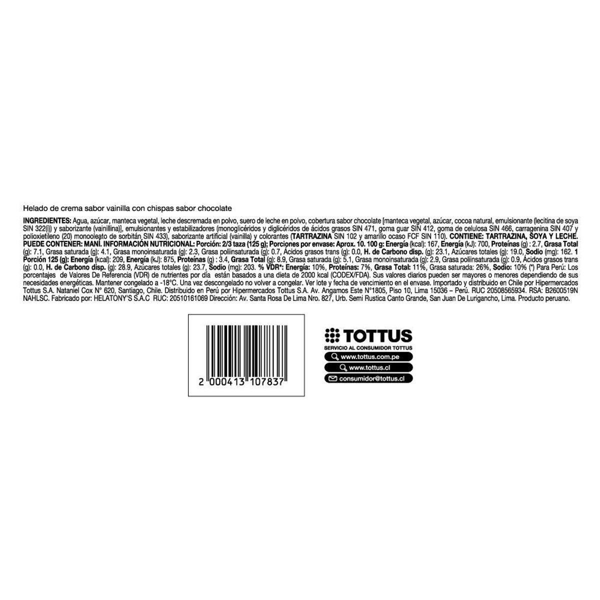 TOTTUS - Helado de Crema Vainilla Chips Tottus Pote 2.5 L