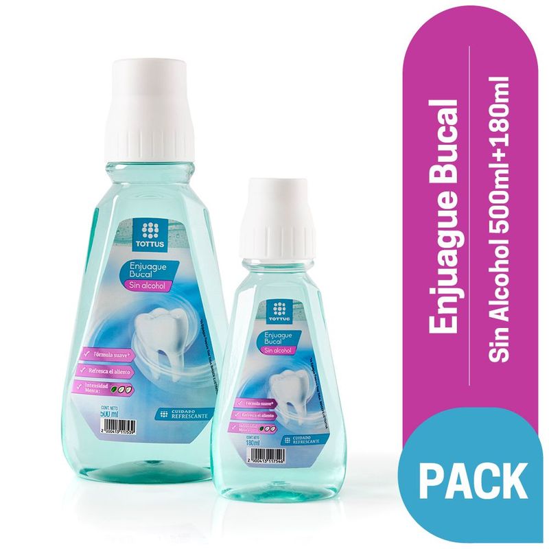 TOTTUS - Pack Tottus Enjuage Bucal Sin Alcohol Botellas 500 mL y 180 mL