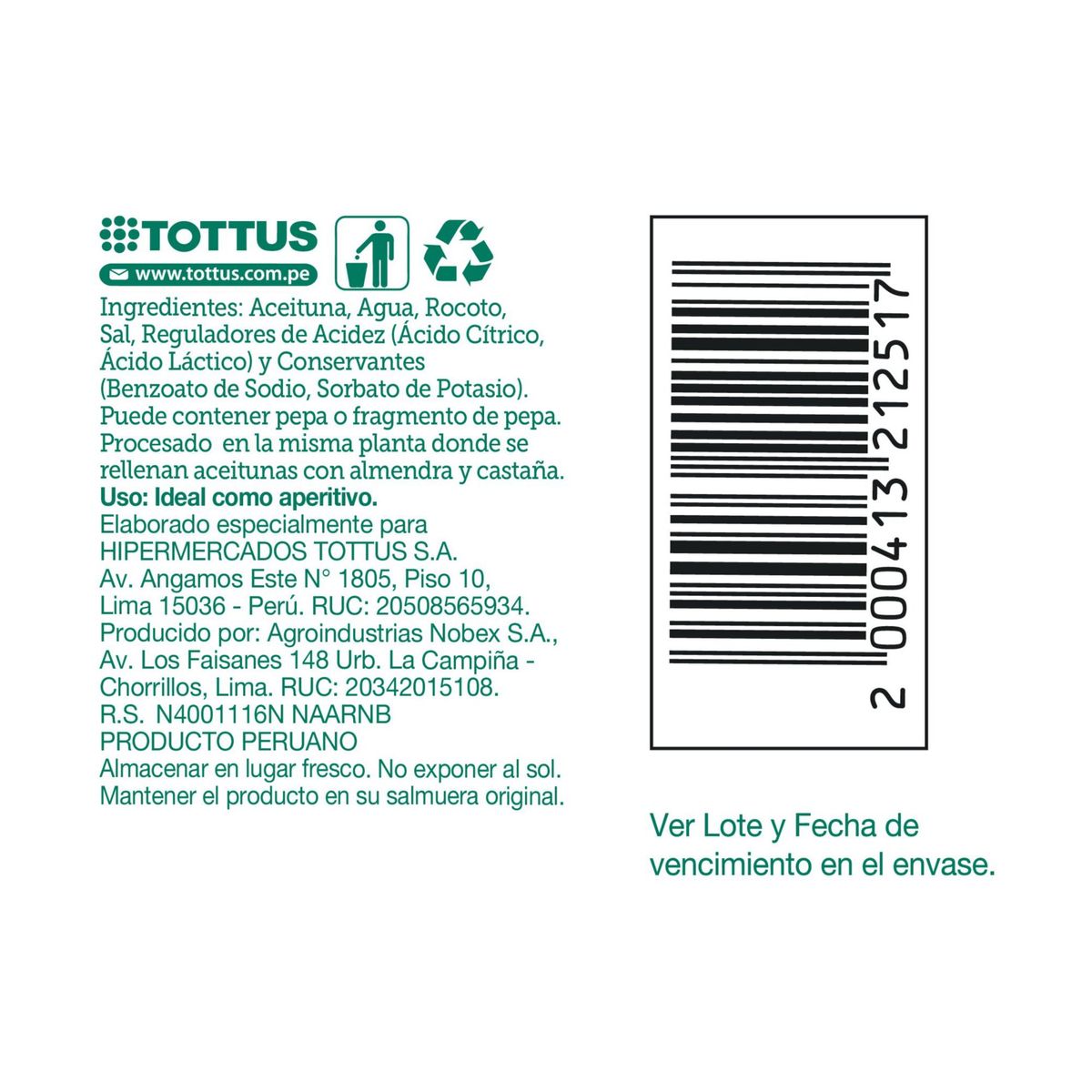 TOTTUS - Aceituna Verde Tottus con Rocoto Envase 280 g