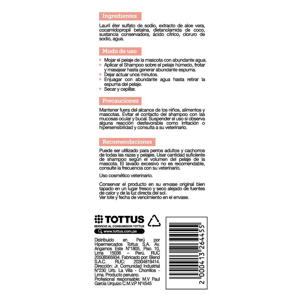 TOTTUS - Shampoo para Perro Hipoalergénico Tottus Envase 300 mL