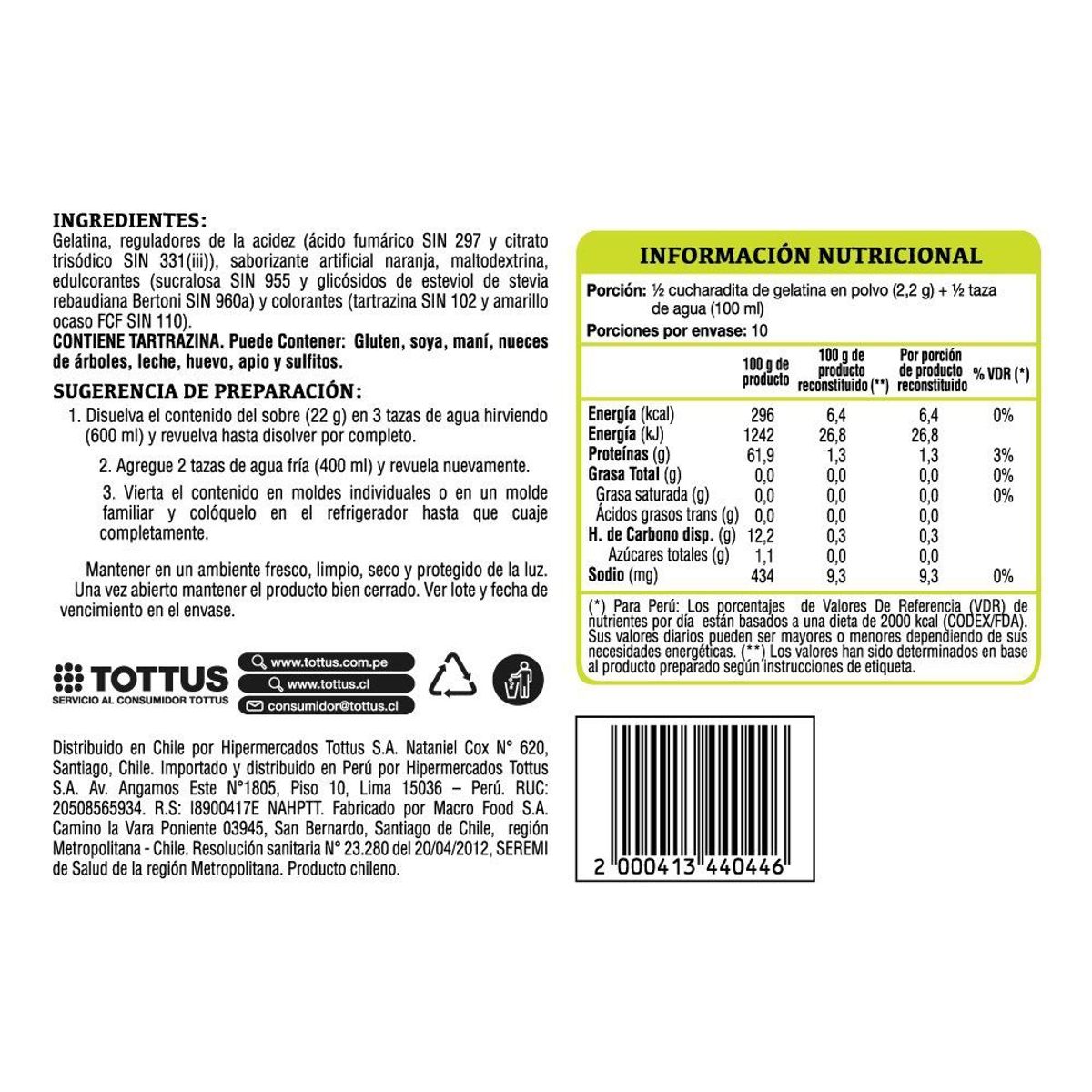 TOTTUS - Gelatina Tottus Light Sabor Naranja Caja 22 g
