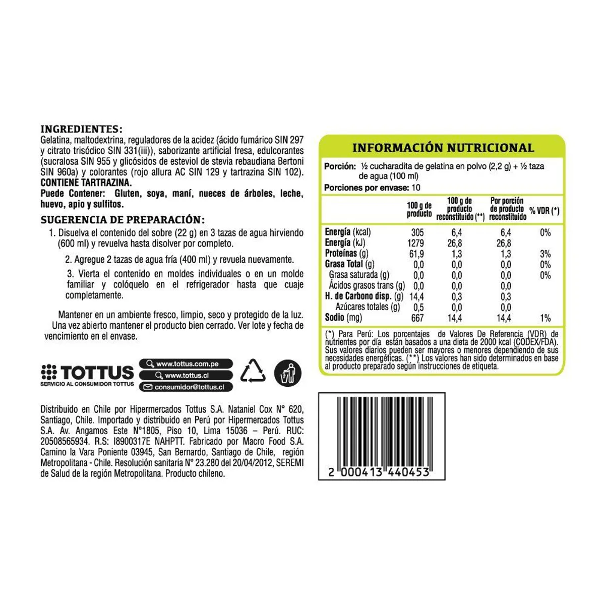 TOTTUS - Gelatina con Sabor a Fresa Light 22 g