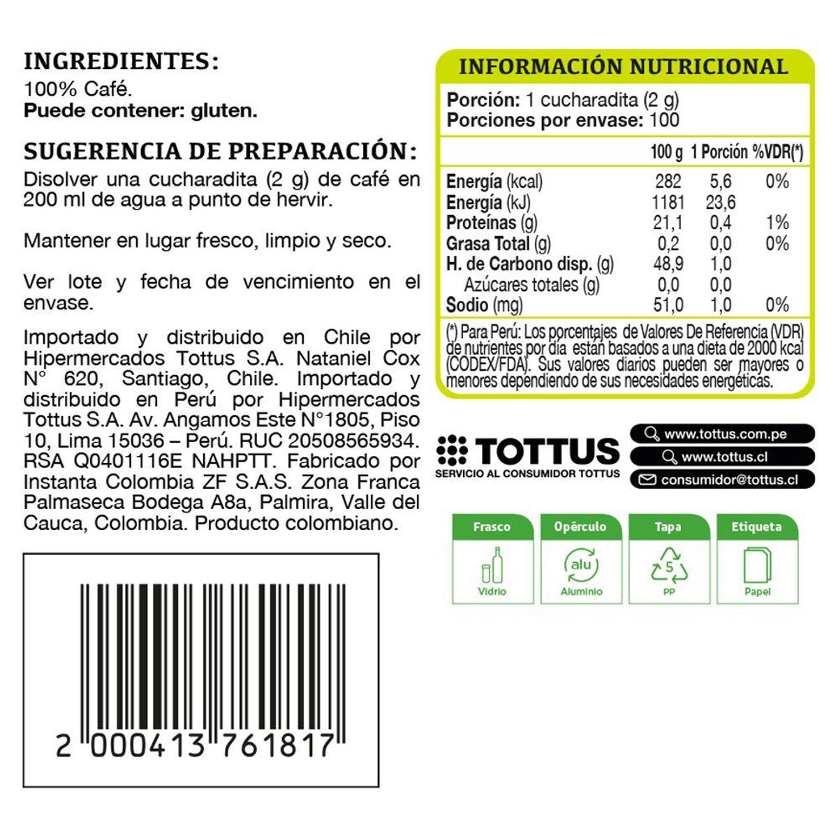 TOTTUS - Café Instantáneo Liofilizado Premium Tottus 200 g