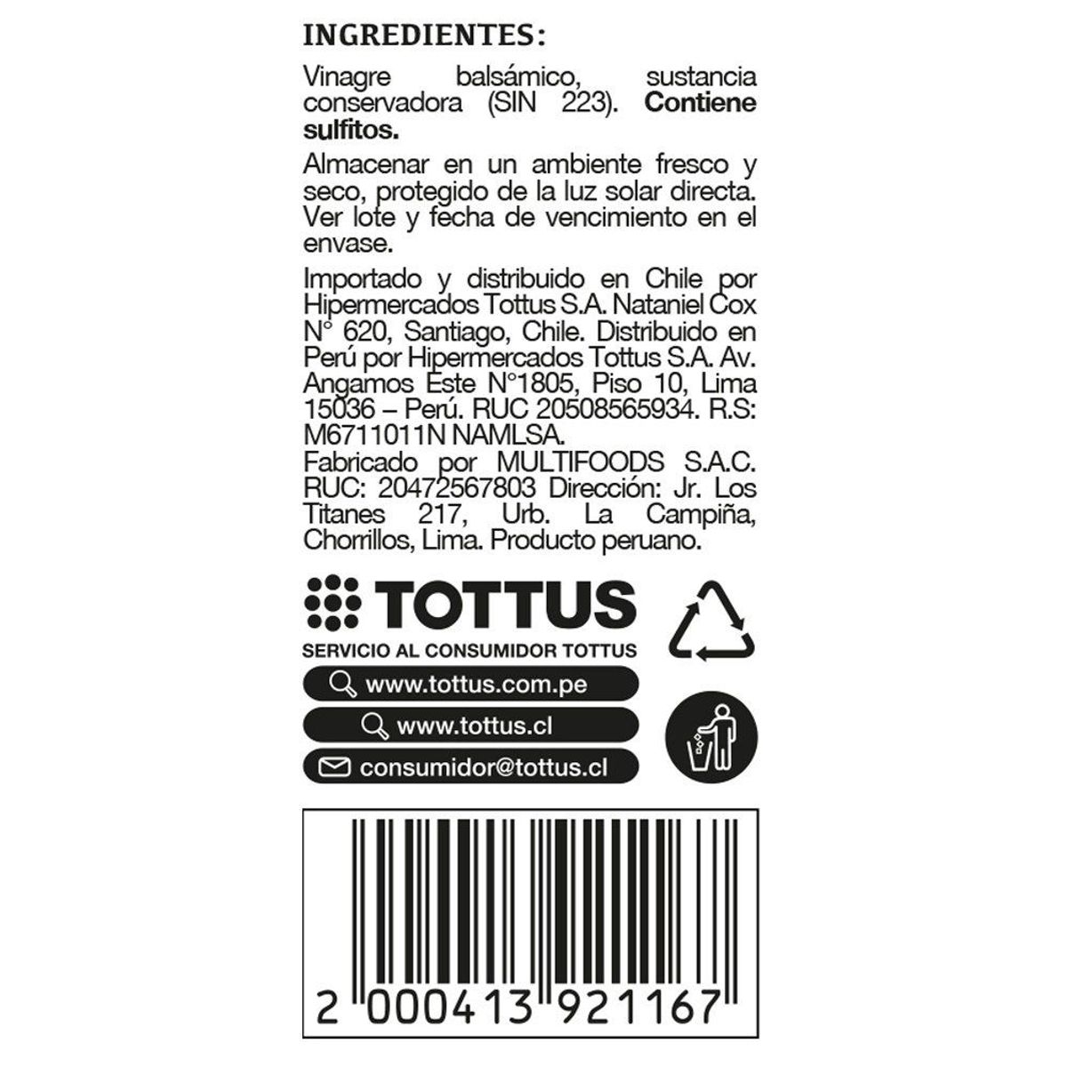 TOTTUS - Vinagre Balsámico Tottus 200 mL