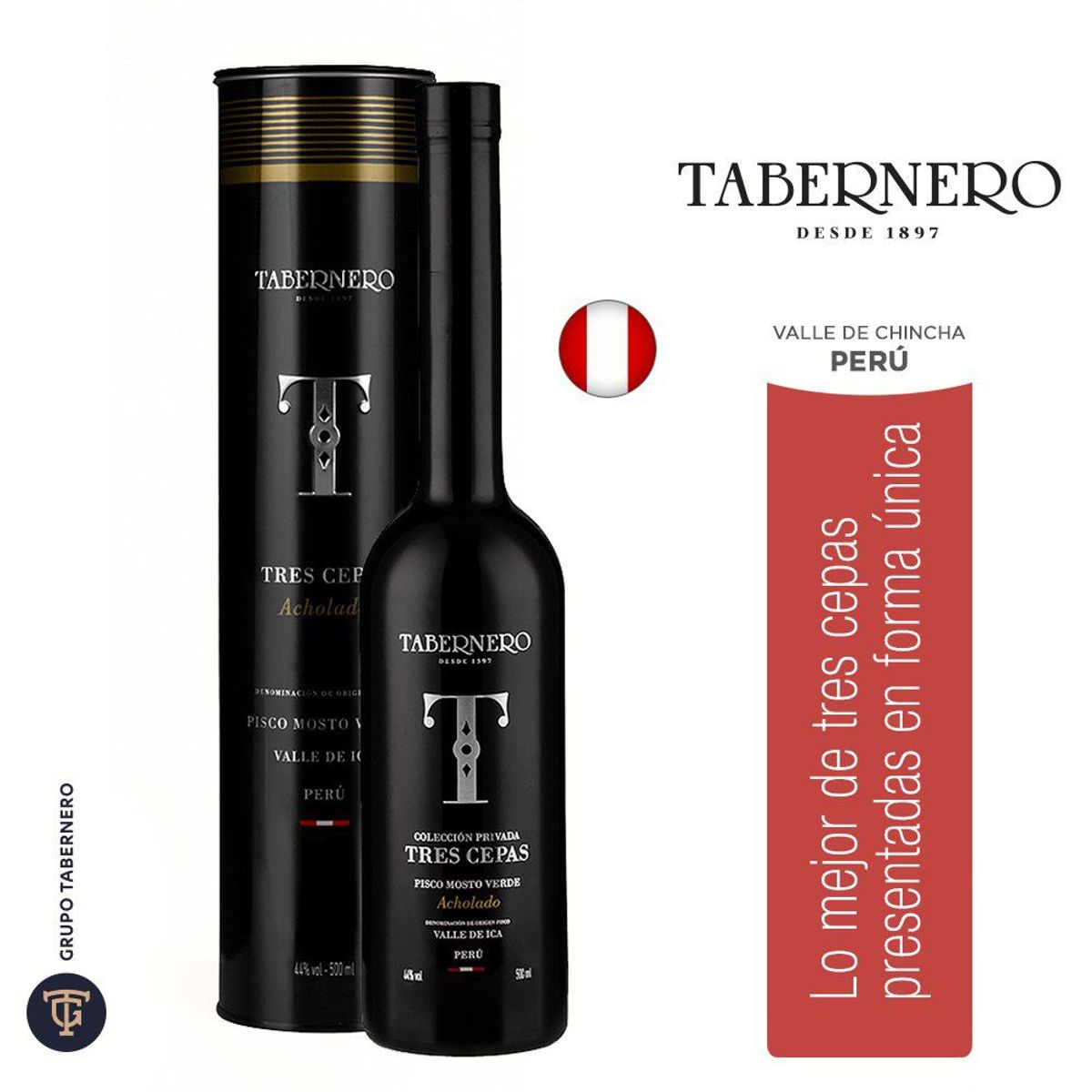 TABERNERO - Pisco Mosto Verde Tabernero 3 Cepas Botella 500 mL