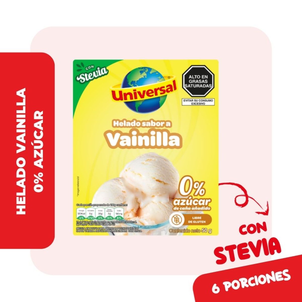 UNIVERSAL - Helado Universal con Stevia Sabor Vainilla Caja 50 g