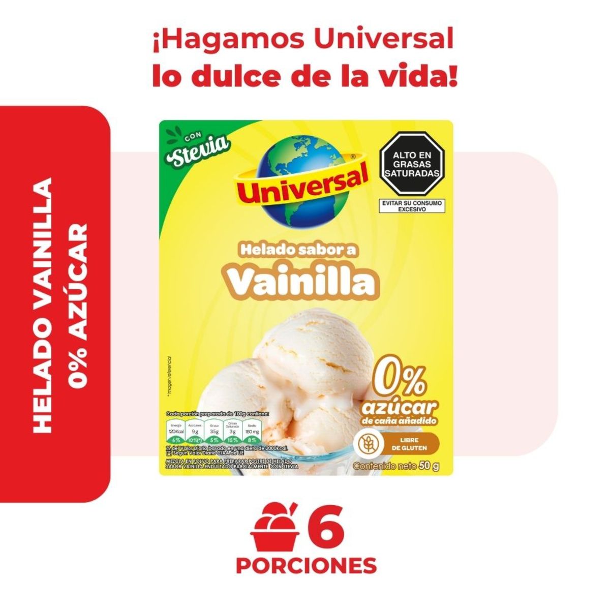 UNIVERSAL - Helado Universal con Stevia Sabor Vainilla Caja 50 g