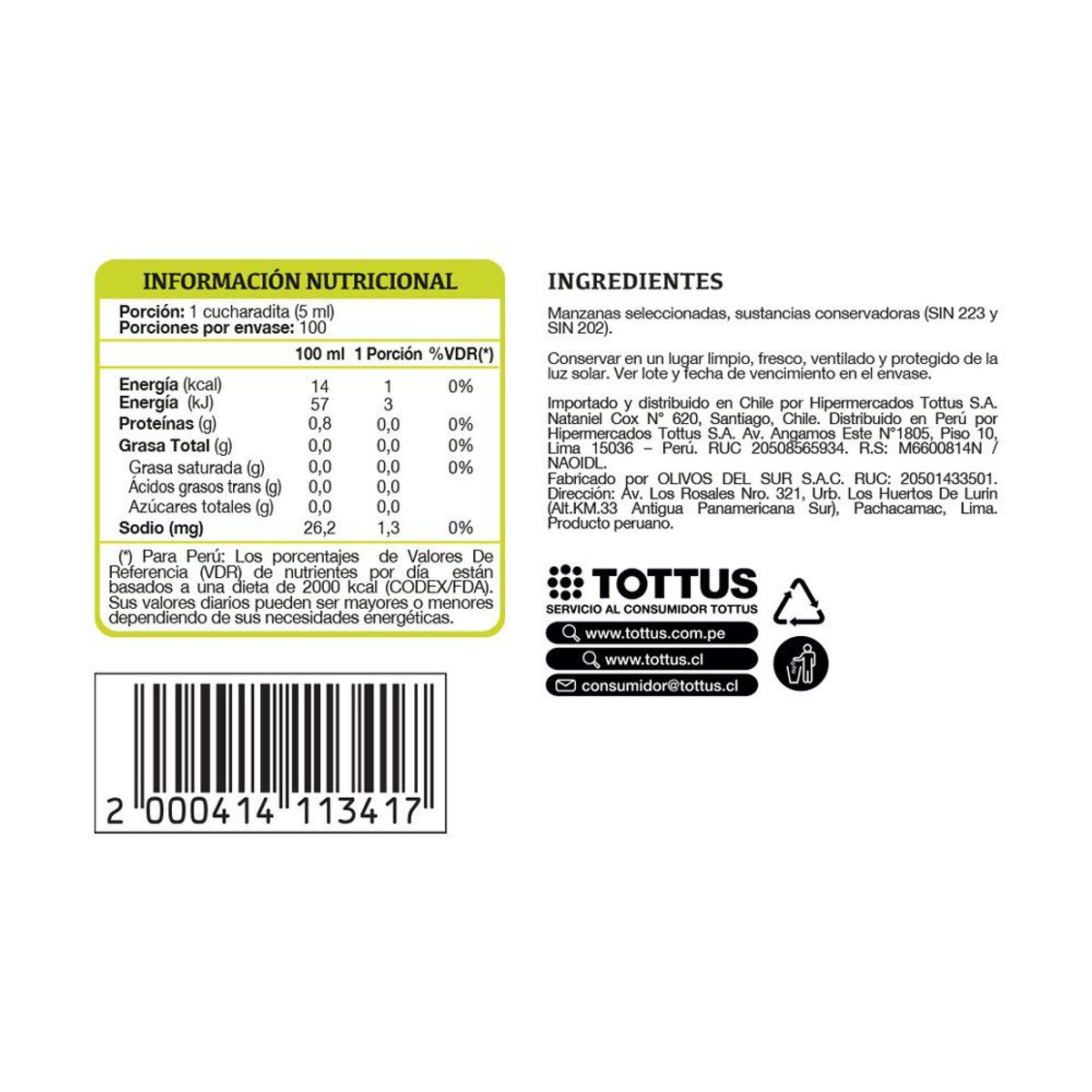 TOTTUS - Vinagre de Manzana Tottus Botella 500 mL