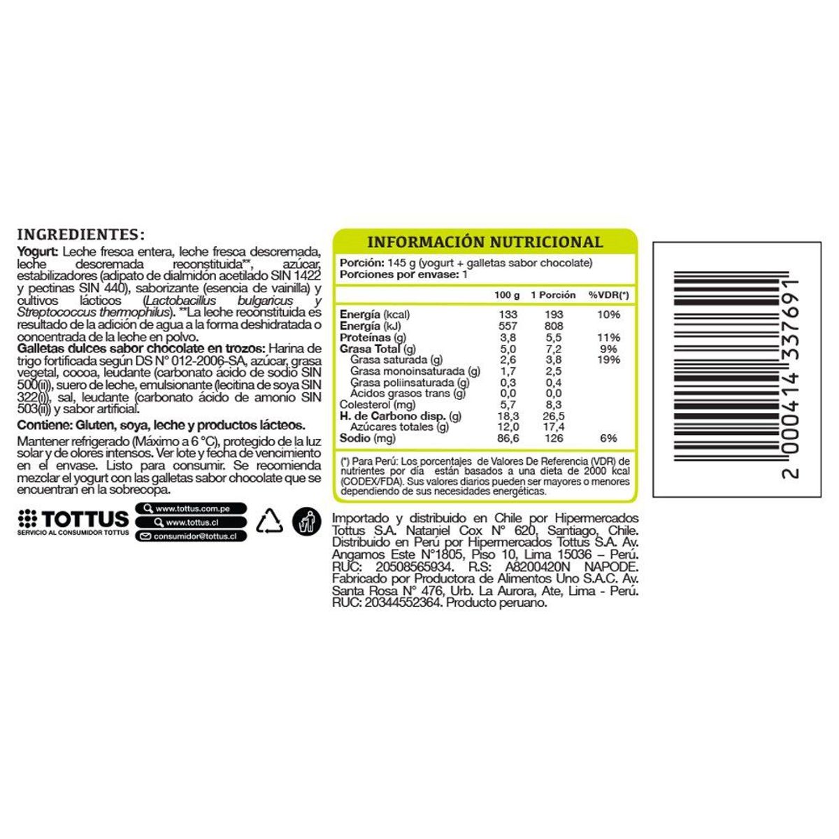 TOTTUS - Yogurt Mix Vainilla con Galletas Chocolate Tottus Envase 125 g