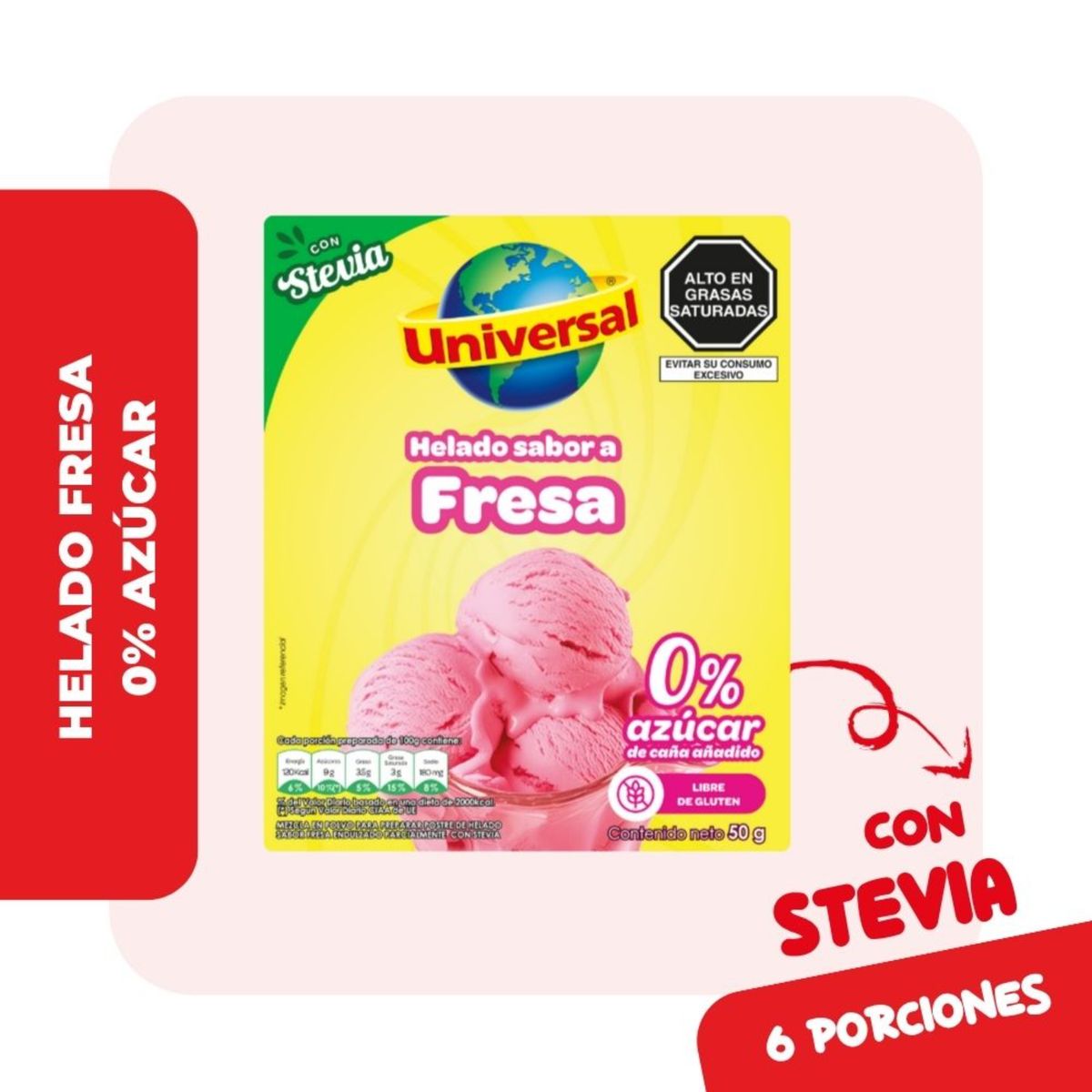 UNIVERSAL - Helado con Stevia Universal Sabor Fresa Caja 50 g