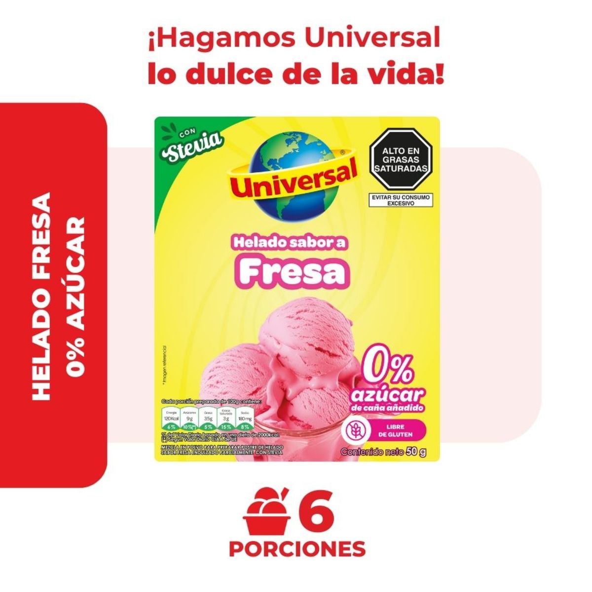 UNIVERSAL - Helado con Stevia Universal Sabor Fresa Caja 50 g