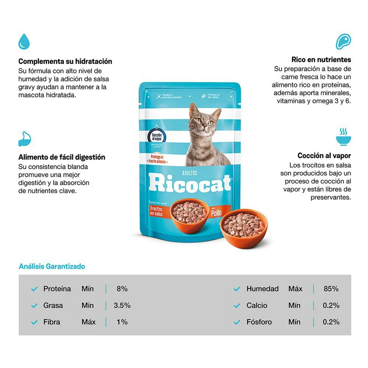 RICOCAT - Alimento Húmedo Gatos Adultos Ricocat Pollo Doypack 85 g