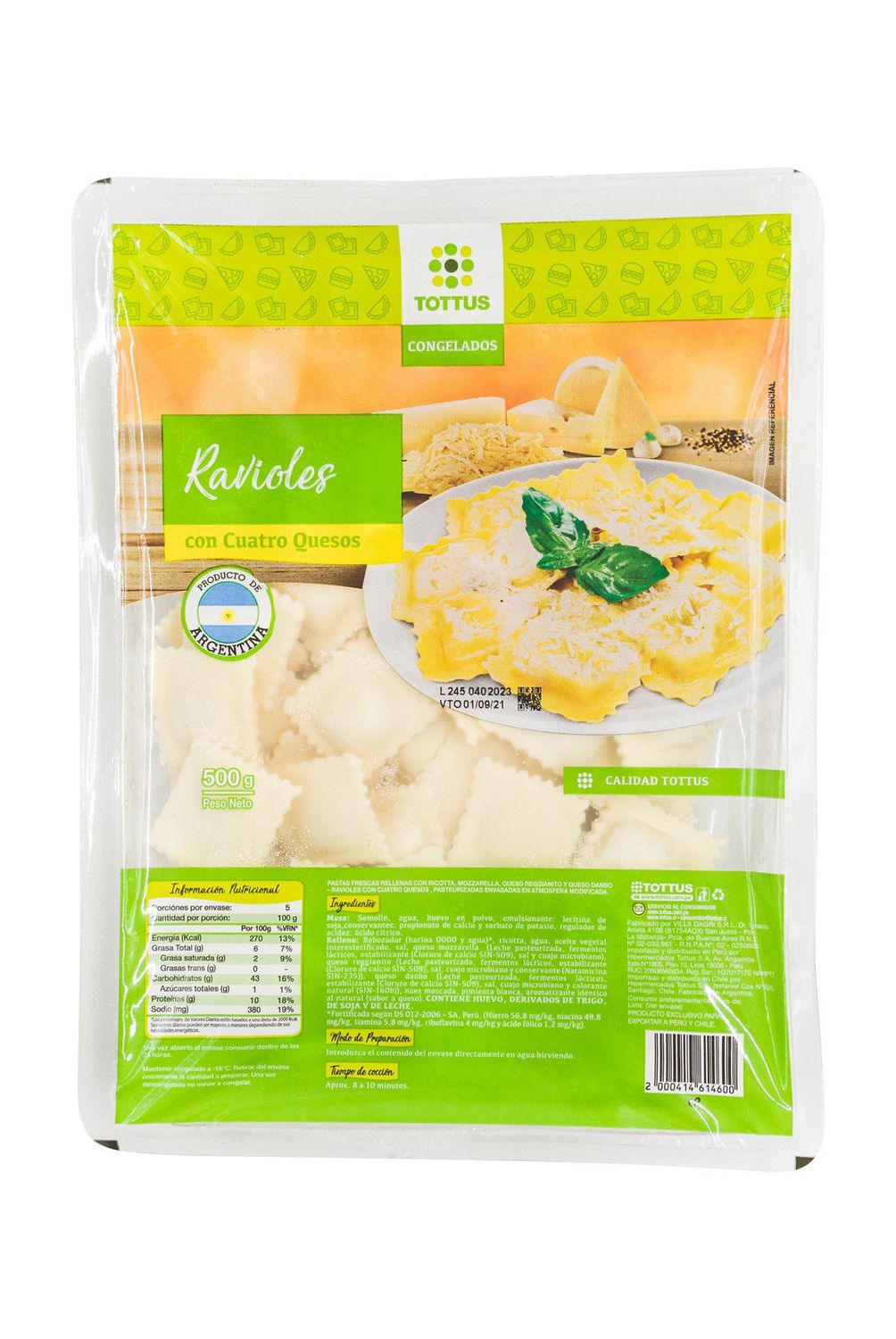 TOTTUS - Ravioles con Cuatro Quesos Tottus Empaque 500 g