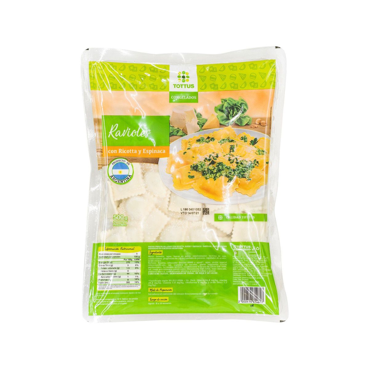 TOTTUS - Ravioles con Ricatta y Espinaca Tottus Empaque 500 g