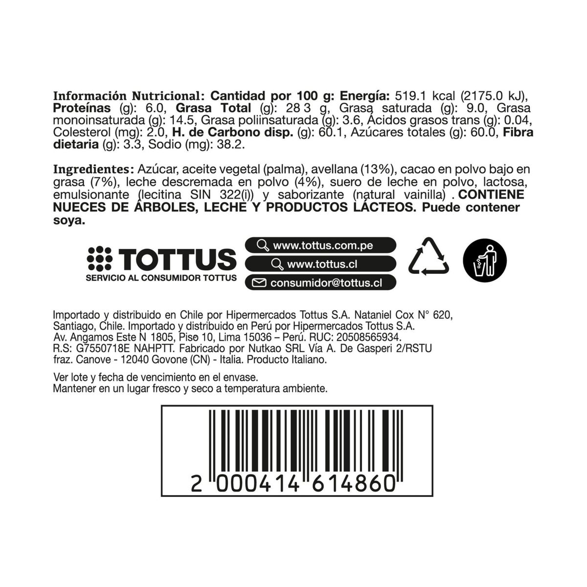 TOTTUS - Crema de Avellanas Tottus con Sabor Cacao Envase 300 g